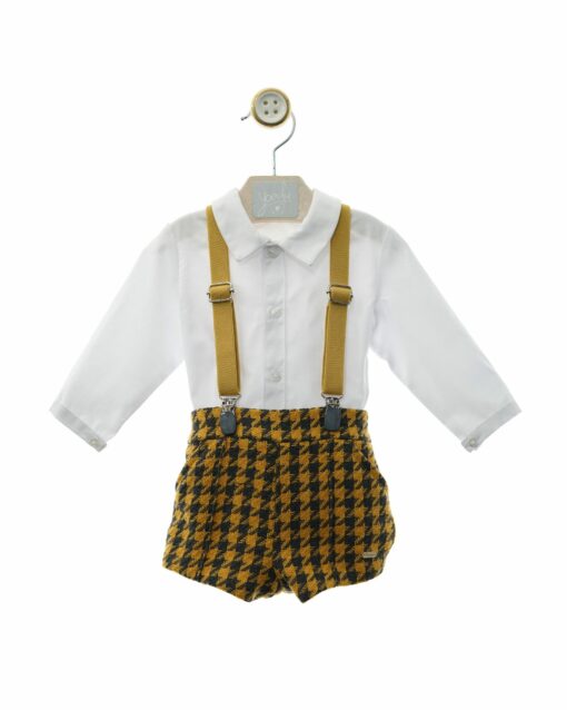 Yoedu Tema Aspen Conjunto de Calção Pata de Galo Mostarda e Cinza, Camisa e Suspensórios