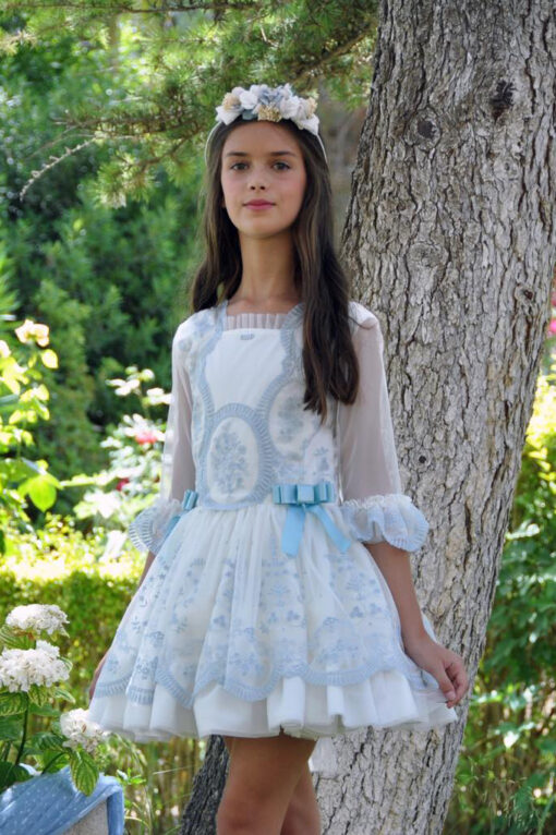 Vestido La Amapola Modelo VIVENTB Cintura Descida em Cru e Azul