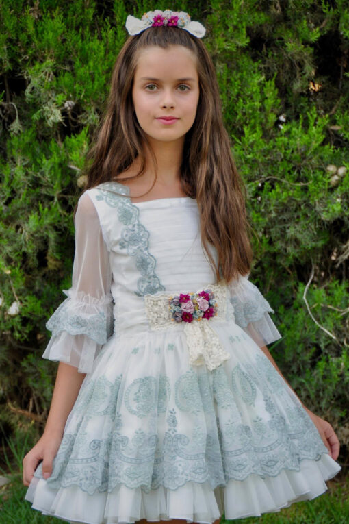 Vestido La Amapola Modelo ELIZABETHTB Cintura Descida em Bege e Verde - Image 2