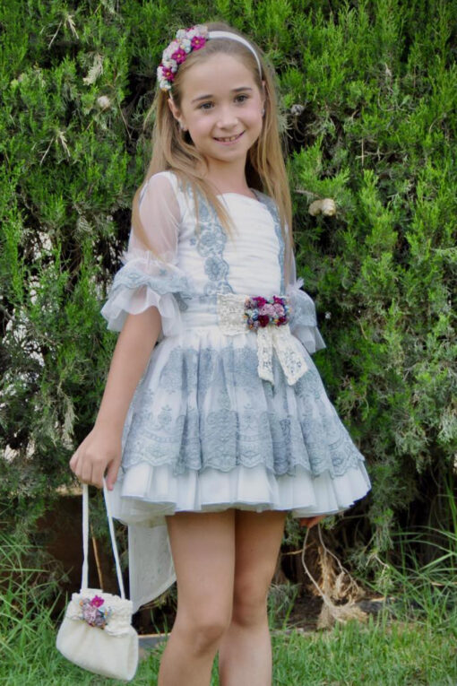 Vestido La Amapola Modelo ELIZABETHTB Cintura Descida em Bege e Verde