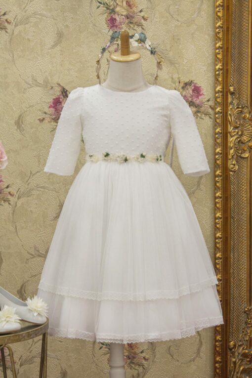 Vestido Cru com Faixa de Flores