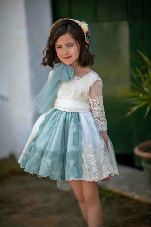 Vestido La Infantita Modelo LEAV em Verde e Cru com Decote Atrás