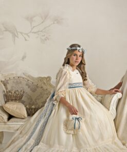 Modelo 236601 Vestido Comprido Bege em Renda com Fixa Azul