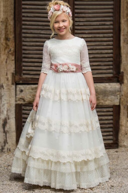 Modelo 6417 Vestido Comprido Bege com Faixa Rosa