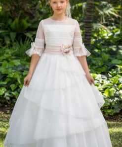 Modelo 56424 Vestido Comprido Cru com Faixa Rosa
