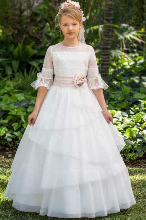 Modelo 56424 Vestido Comprido Cru com Faixa Rosa