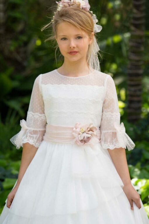 Modelo 56424 Vestido Comprido Cru com Faixa Rosa - Image 2