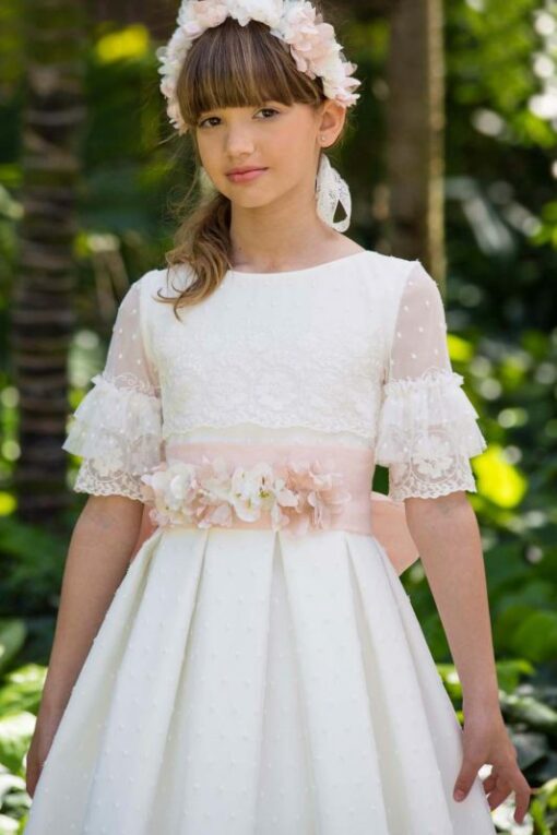 Modelo 5625 Vestido Comprido Cru com Faixa Rosa - Image 2