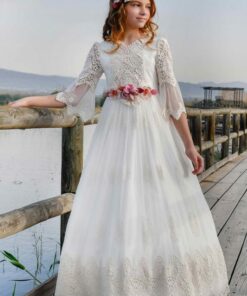 Anavig Modelo 6400A Vestido Comprido Pérola e Bege com Flor