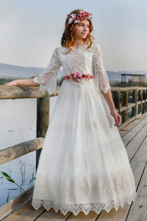 Anavig Modelo 6400A Vestido Comprido Pérola e Bege com Flor