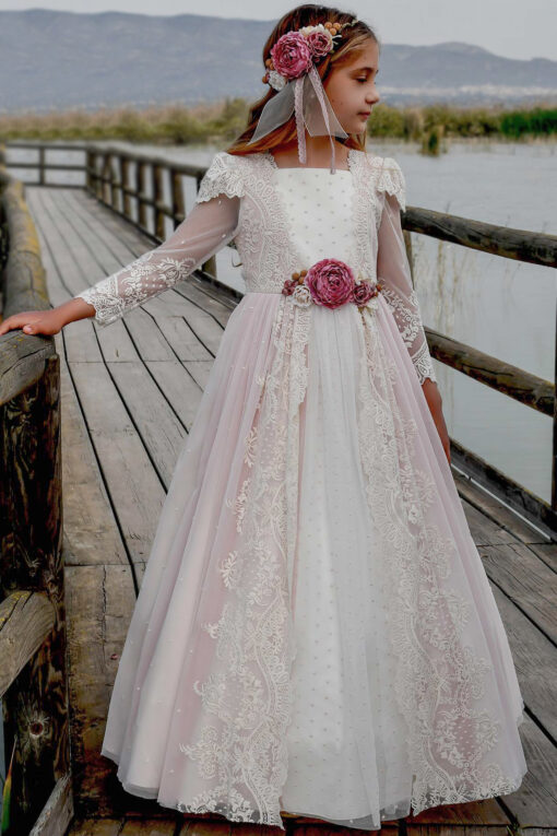 Anavig Modelo 6414A Vestido Comprido Pérola e Rosa com Flor