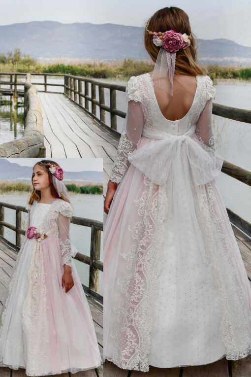 Anavig Modelo 6414A Vestido Comprido Pérola e Rosa com Flor - Image 2