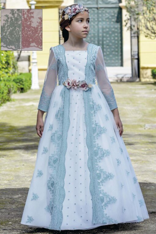 Anavig Modelo 6404 Vestido Comprido Pérola e Verde em Renda