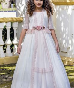 Anavig Modelo 6409 Vestido Comprido Pérola e Rosa com Renda