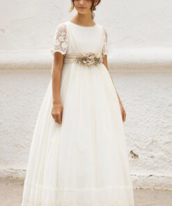 Amaya Modelo 557024MD Vestido Comprido Pérola com Faixa e Flor