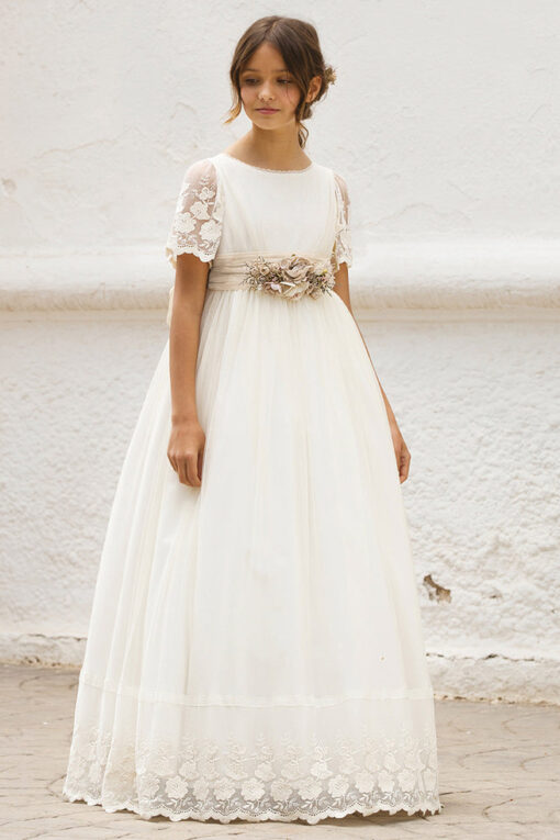 Amaya Modelo 557024MD Vestido Comprido Pérola com Faixa e Flor