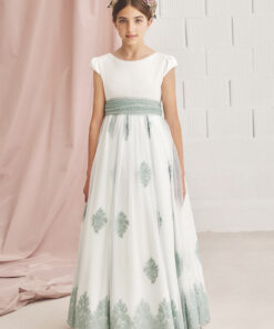 Amaya Modelo 577012MC Vestido Comprido Pérola e Verde com Detalhes em Renda