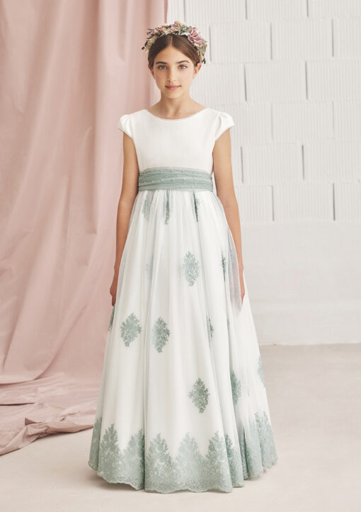 Amaya Modelo 577012MC Vestido Comprido Pérola e Verde com Detalhes em Renda