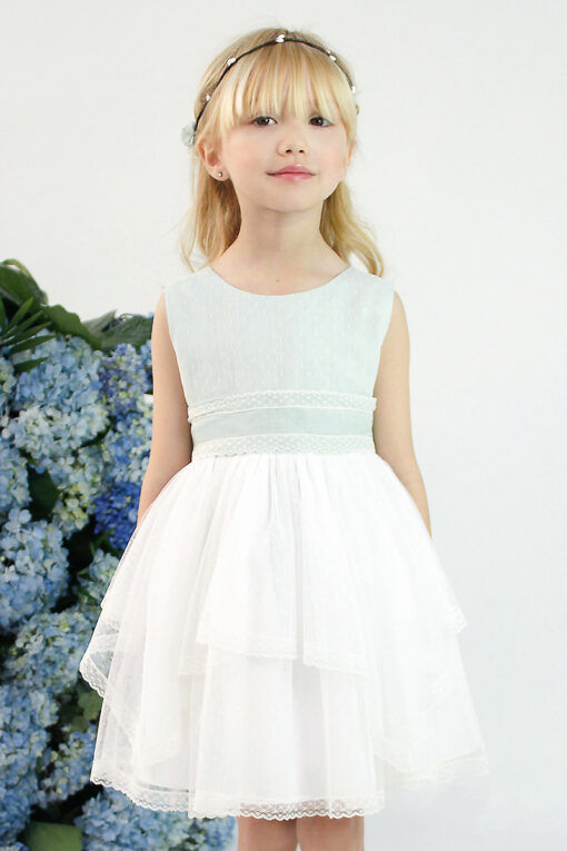 99. Amaya Modelo 582405 Vestido Branco e Verde-Água com Faixa