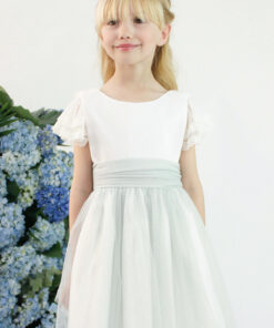 99. Amaya Modelo 582423 Vestido Branco e Verde-Água com Faixa