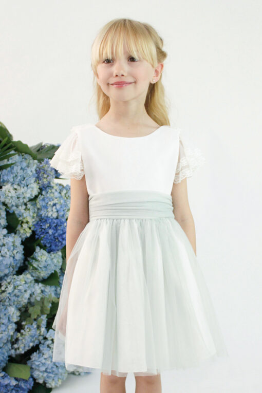 99. Amaya Modelo 582423 Vestido Branco e Verde-Água com Faixa