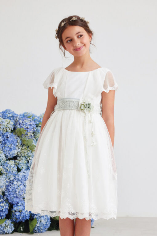 99. Amaya Modelo 586010 Vestido Branco Midi com Faixa Verde-Água (sem flores)