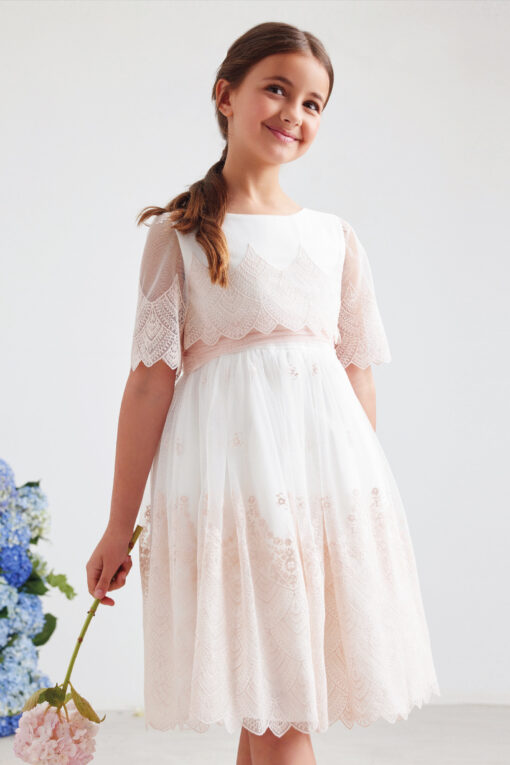99. Amaya Modelo 586018 Vestido Branco e Rosa Midi com Renda e Manga