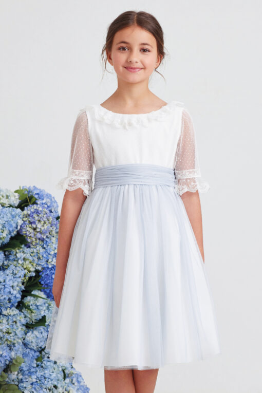 99. Amaya Modelo 586025 Vestido Branco e Azul Midi com Faixa e Manga