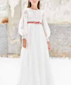 99. Amaya Modelo Couture 587040ML Vestido Pérola com Faixa Rosa