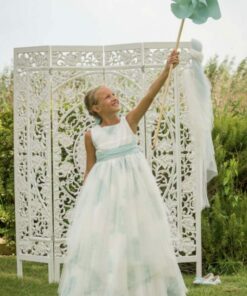 Modelo 1569 Vestido Comprido Branco e Verde-Água