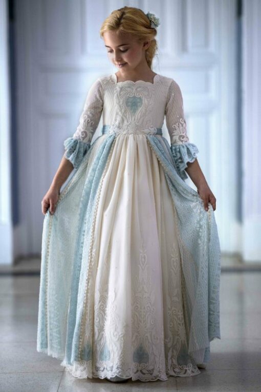 La Infantita Modelo CARLOTA Vestido Comprido Pérola e Verde-Água em Renda