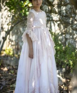 La Infantita Modelo CARMEN Vestido Comprido Rosa em Renda