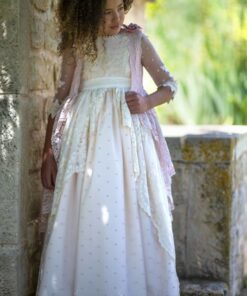 La Infantita Modelo LOLA-CHAL Vestido Comprido Rosa em Renda com Casaco