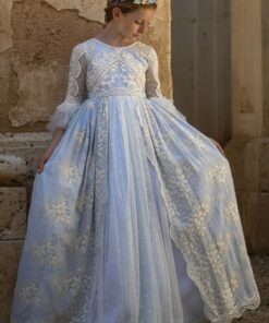La Infantita Modelo MENCIA Vestido Comprido Pérola e Azul em Renda