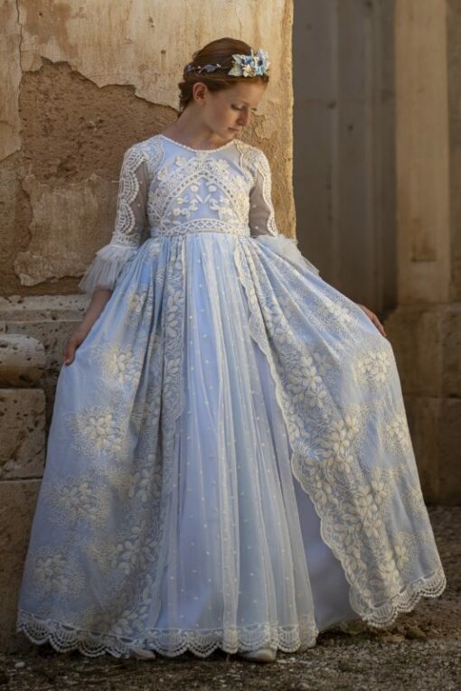 La Infantita Modelo MENCIA Vestido Comprido Pérola e Azul em Renda