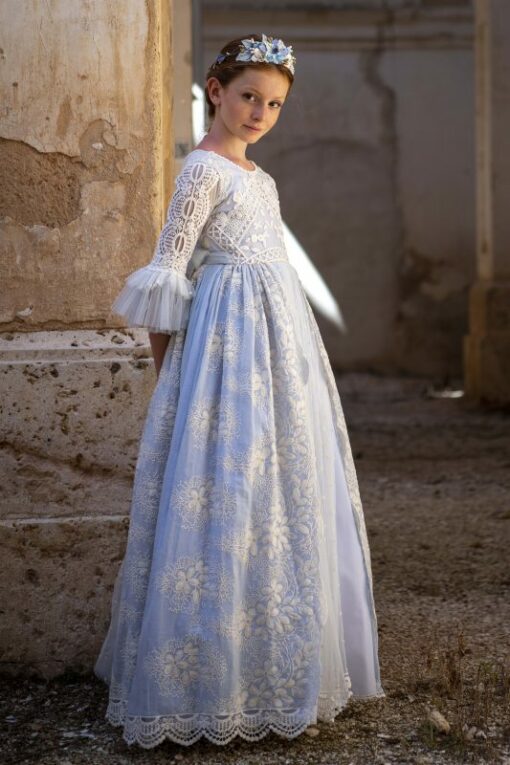 La Infantita Modelo MENCIA Vestido Comprido Pérola e Azul em Renda - Image 4