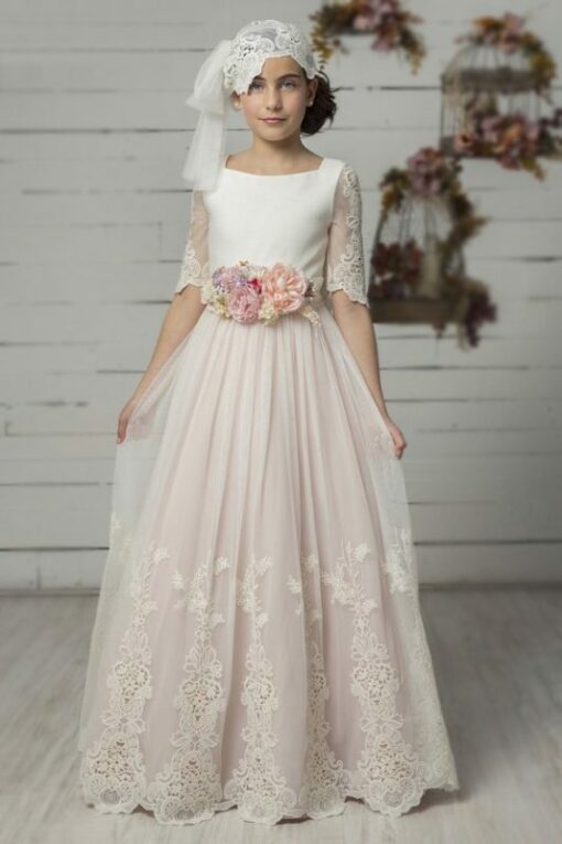Modelo 6989 Vestido Comprido Cru e Rosa