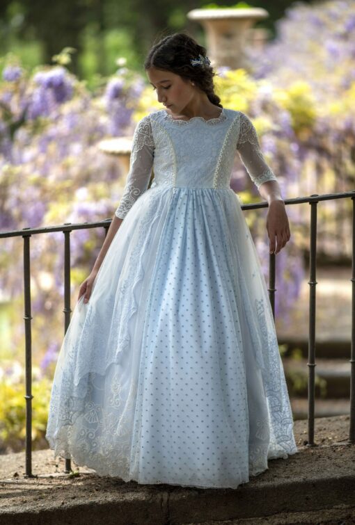 La Infantita Modelo GEORGETTE Vestido Comprido Pérola e Azul em Renda