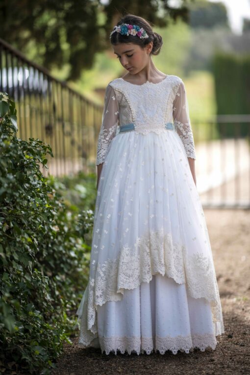 La Infantita Modelo LEAVC Vestido Comprido Branco e Verde em Renda