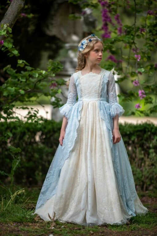 La Infantita Modelo EDITHVC Vestido Comprido Pérola e Azul em Renda