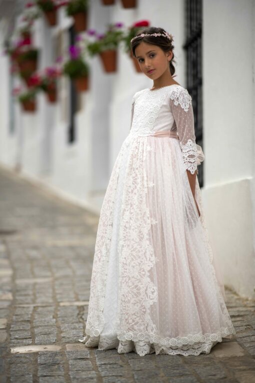 La Infantita Modelo GISELLEVC Vestido Comprido Pérola e Rosa em Renda