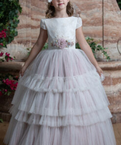 Modelo R323 Vestido Comprido Pérola e Rosa