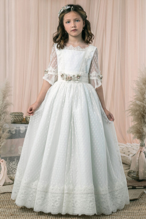 Modelo S063 Vestido Comprido Pérola e Celeste em Renda