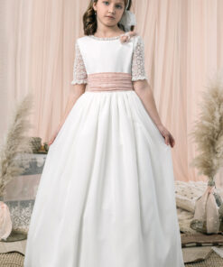 Modelo S088 Vestido Comprido Cru com Faixa Rosa