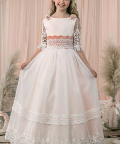 Modelo S146 Vestido Comprido Branco e Salmão com Flor