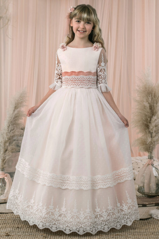 Modelo S146 Vestido Comprido Branco e Salmão com Flor