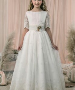 Modelo S233 Vestido Comprido Bege com Flor