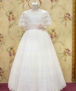 Modelo 9384 Vestido Comprido Cru com Faixa Rosa