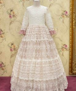 Modelo 19418 Vestido Comprido Rosa e Bege em Renda