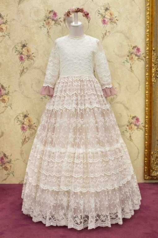 Modelo 19418 Vestido Comprido Rosa e Bege em Renda